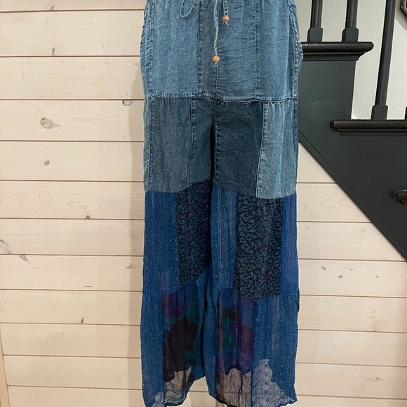 Western Boho Tiered Patchwork Denim Pants NWT Size Large - Picture 8 of 8